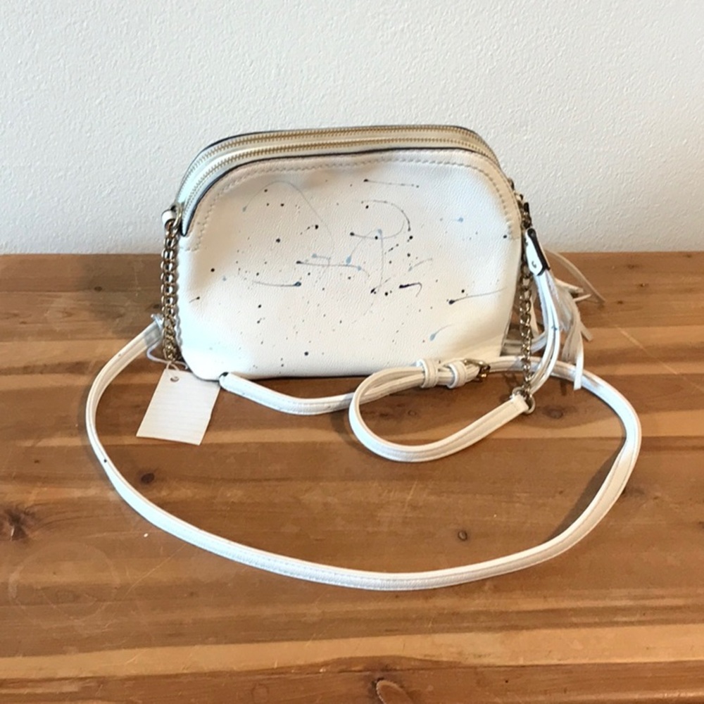 Leather white with blue splatter paint purse with tassels